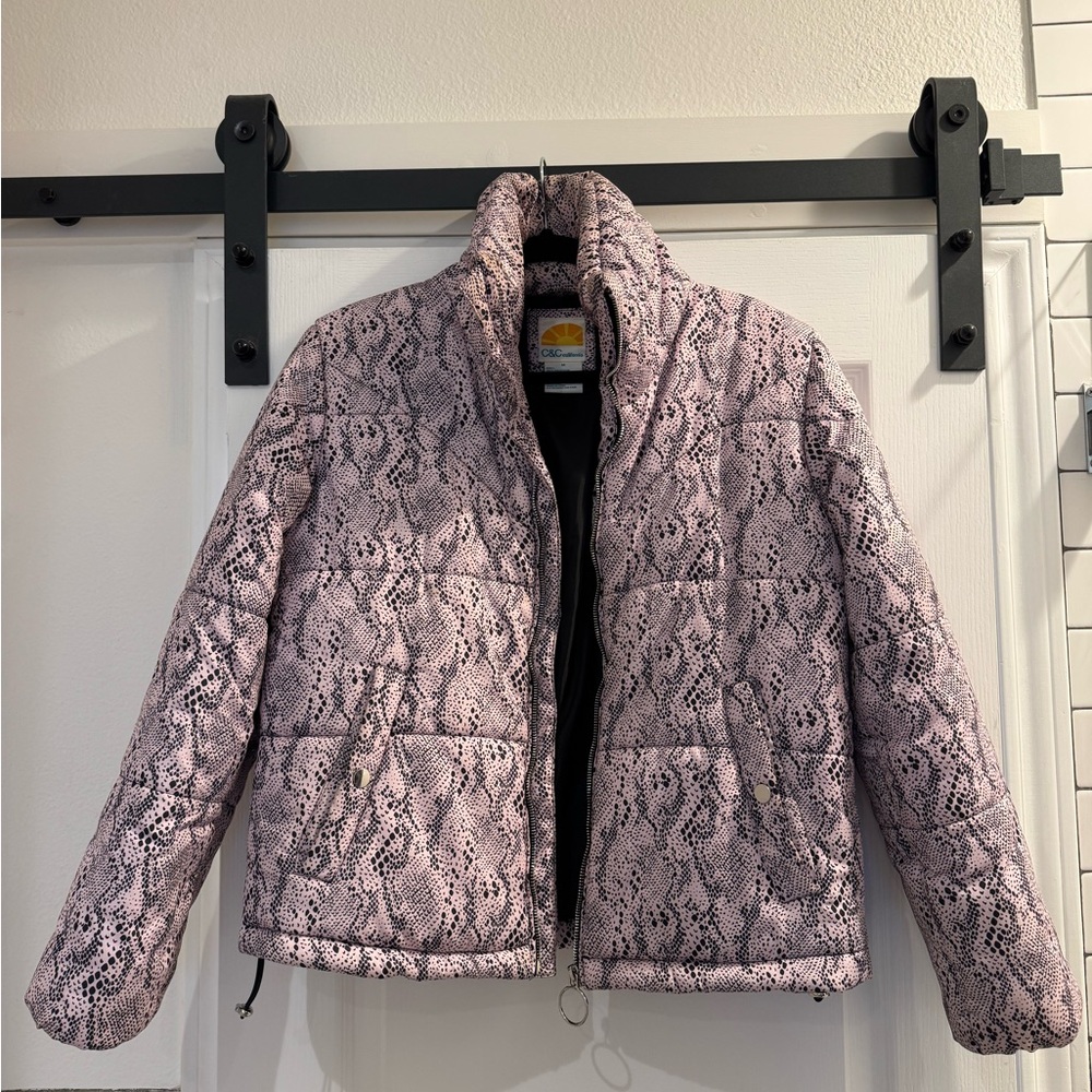 C&C California Pink Snakeskin Print Puffer Jacket Sz M